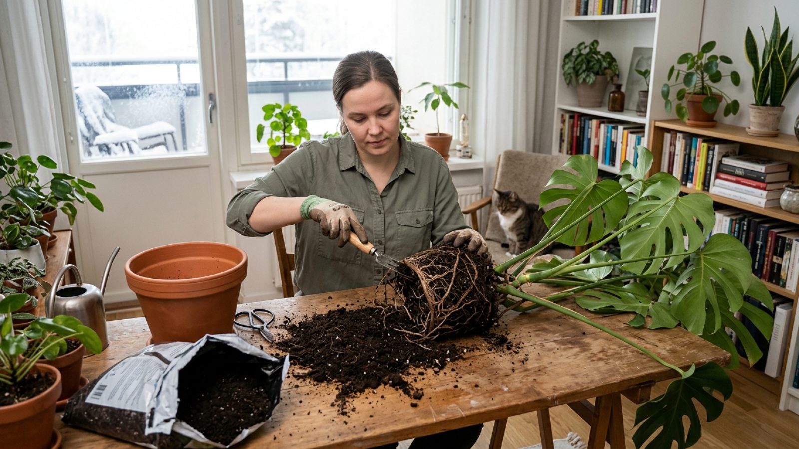 Vanhan mullan poistaminen ruukunvaihdon yhteydessä