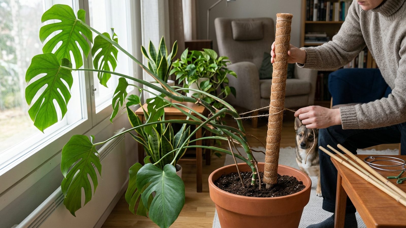 Miten tuen korkeaa huonekasvia, joka nojaa?