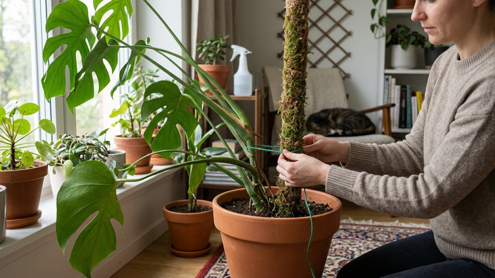 Så stödjer du en hög inomhusväxt som lutar – välj rätt stöd och fäst växten säkert